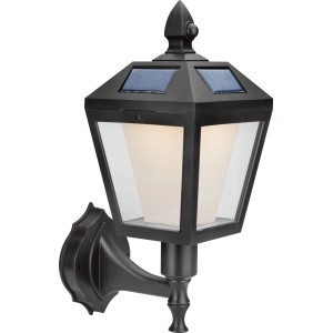 Schwarze Solar-LED-Außenleuchte im Laternen-Design zur Wandmontage.