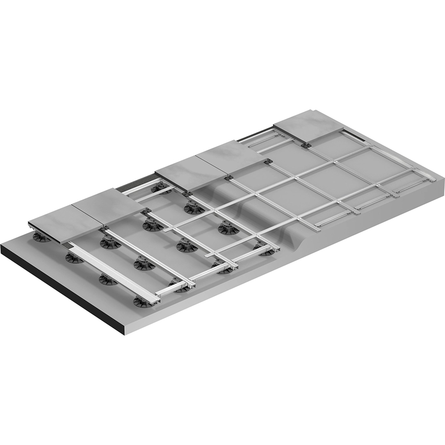 Terrassen-Unterkonstruktion aus Aluminium mit Dielen auf Stelzlager im Aufbau.