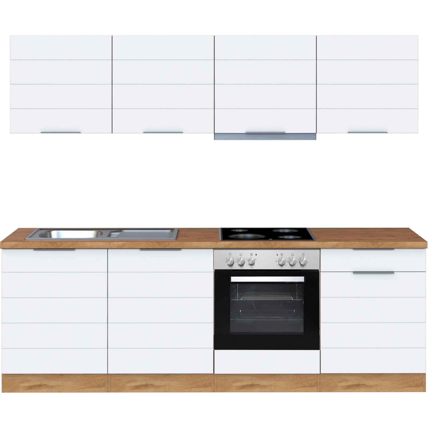 Moderne Küchenzeile, 240 cm, Weiß matt und Wotaneiche Dekor mit E-Geräten.