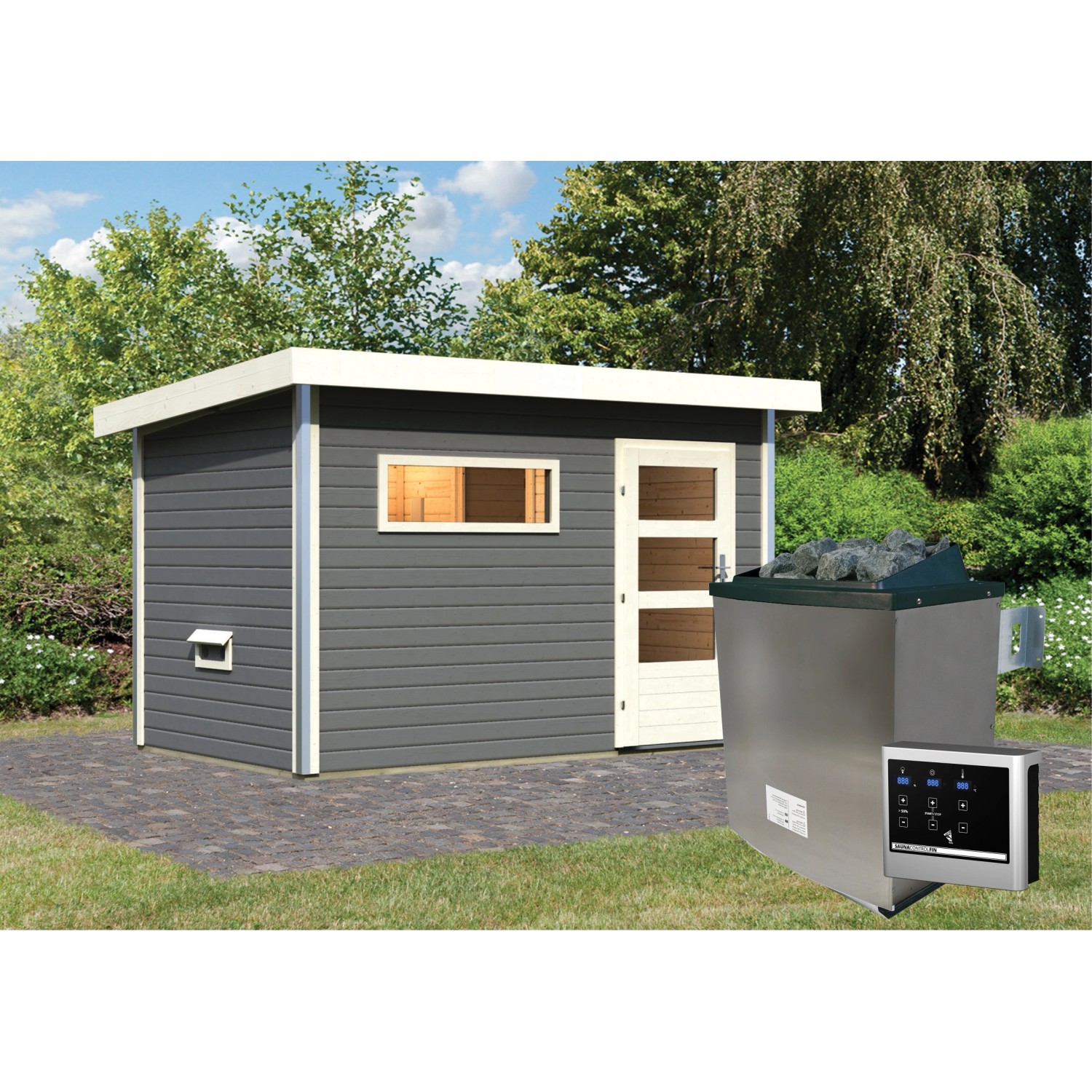 Karibu Saunahaus Hendrik 1 mit Fenster, Ofen (9kW) und Steuerung. Saunahaus für den Garten.