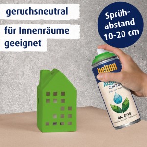 Belton Free AQUAcolours Buntlack Spray RAL 6018 Gelbgrün matt, mit Farbbeispiel Haus.
