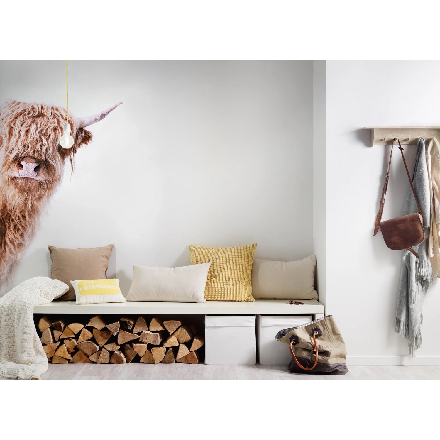 Fototapete mit Kuhmotiv im Vintage-Stil, Highland Cattle, 4,00 m x 2,70 m, FSC®-zertifiziert.
