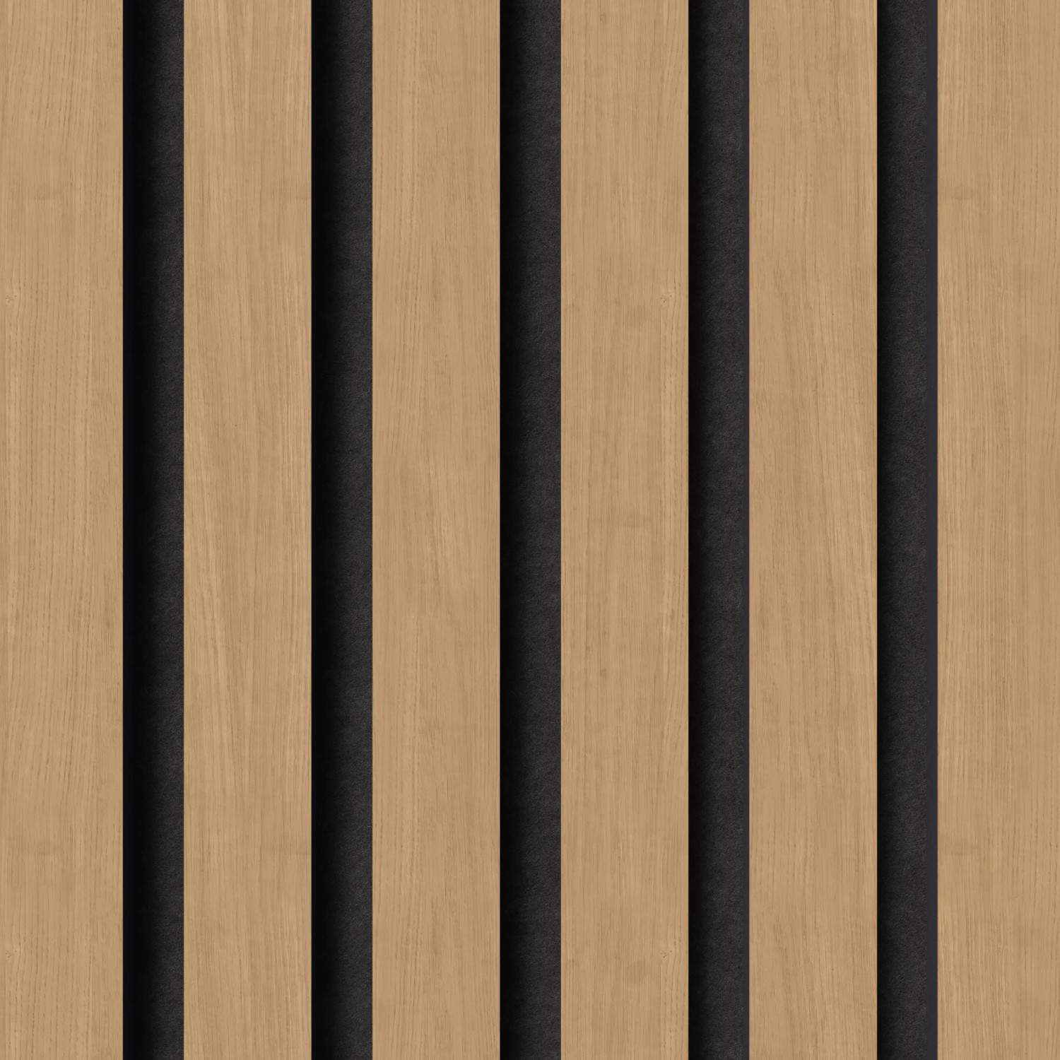 Akustikpaneel Eiche/Schwarz: MDF-Leisten auf schwarzem Filz, 60x270cm, für Wand- und Deckenverkleidung.