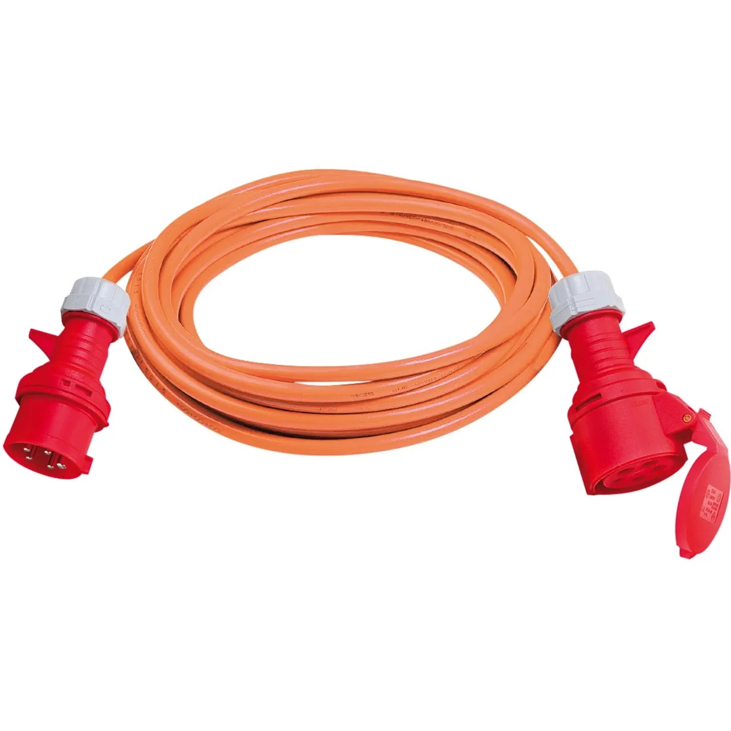 CEE Verlängerungskabel, 5-polig, 20 m, orange, mit rotem Stecker und Kupplung.