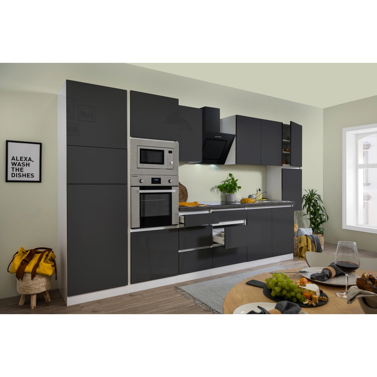 Respekta Premium Küchenzeile, 385 cm, grau hochglanz und weiß, mit E-Geräten.