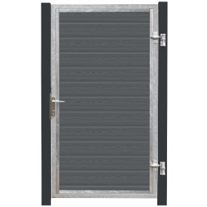 Artura WPC Gartentor in Schiefergrau mit grauschwarzen Pfosten, Ansicht von vorn.