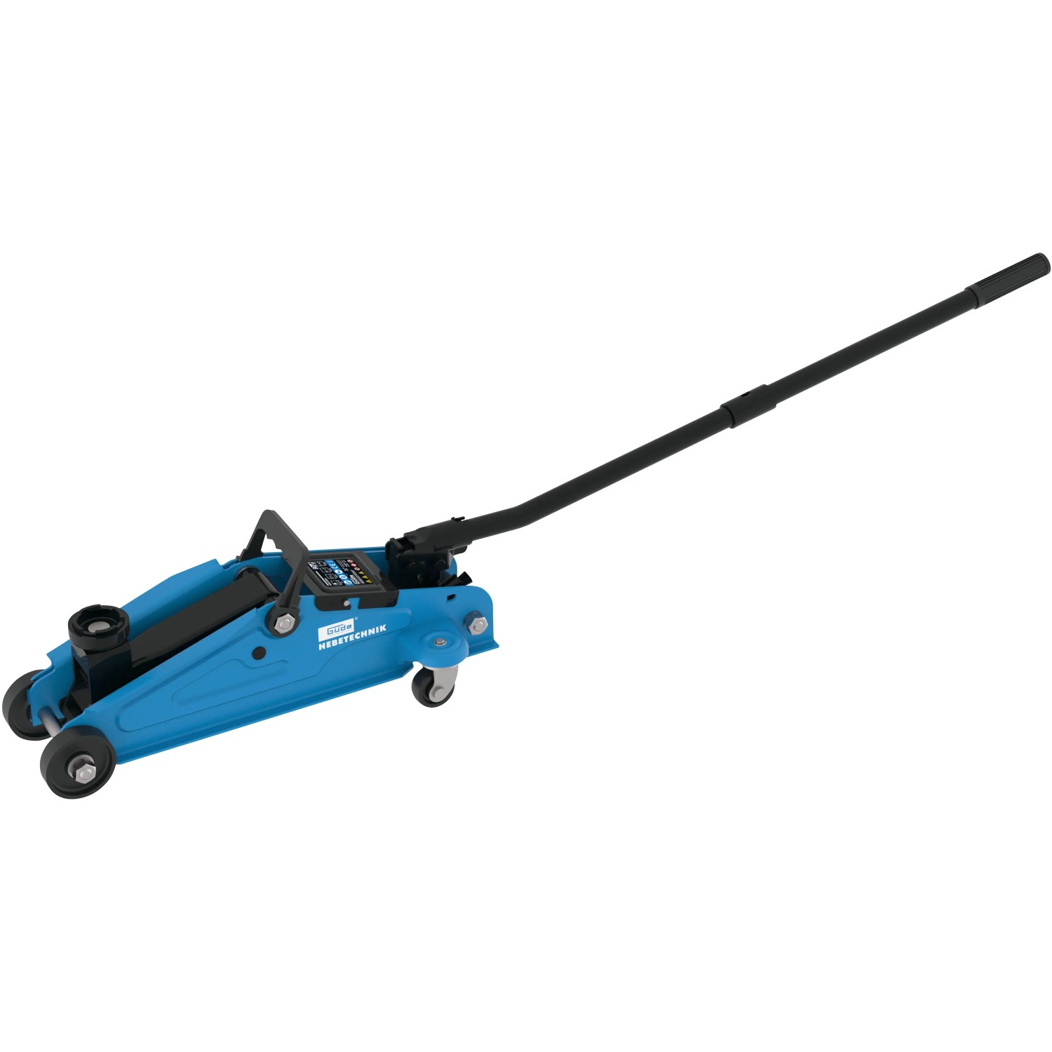 Blauer Güde Rangierwagenheber GRH 2/330L mit schwarzer Pumpstange und Rollen.