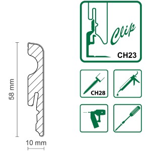Profilzeichnung der weißen, überstreichbaren Sockelleiste FU007L mit Clip-Montage und Maßangaben.