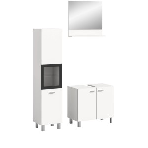 Weiße Badkombination mit Waschbeckenunterschrank, Hängeschrank und Spiegel. Badmöbel-Set.