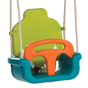 Axi 3-in-1 Baby-Schaukelsitz in Grün, Türkis und Orange mit Sicherheitsgurt.