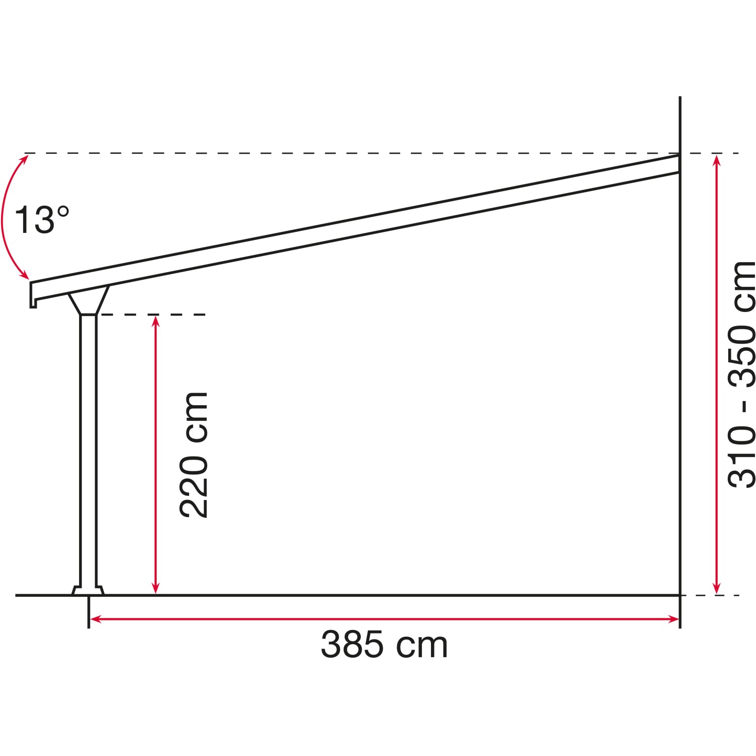 Skizze: Gutta Terrassenüberdachung Bausatz, weiße Ausführung, Maße und Winkelangaben.