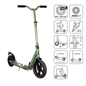Grüner Six Degrees Aluminium Scooter mit Luftbereifung, Federung, höhenverstellbar. Klappbar, ABEC 7 Kugellager.