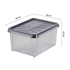 Transparente SmartStore Dry 15 Aufbewahrungsbox mit grauem Deckel und Maßangaben.