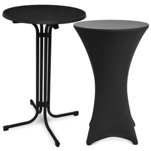 Schwarzer Beautissu Stehtisch Bellini (Ø 80cm) mit schwarzer Stella Stehtischhusse.