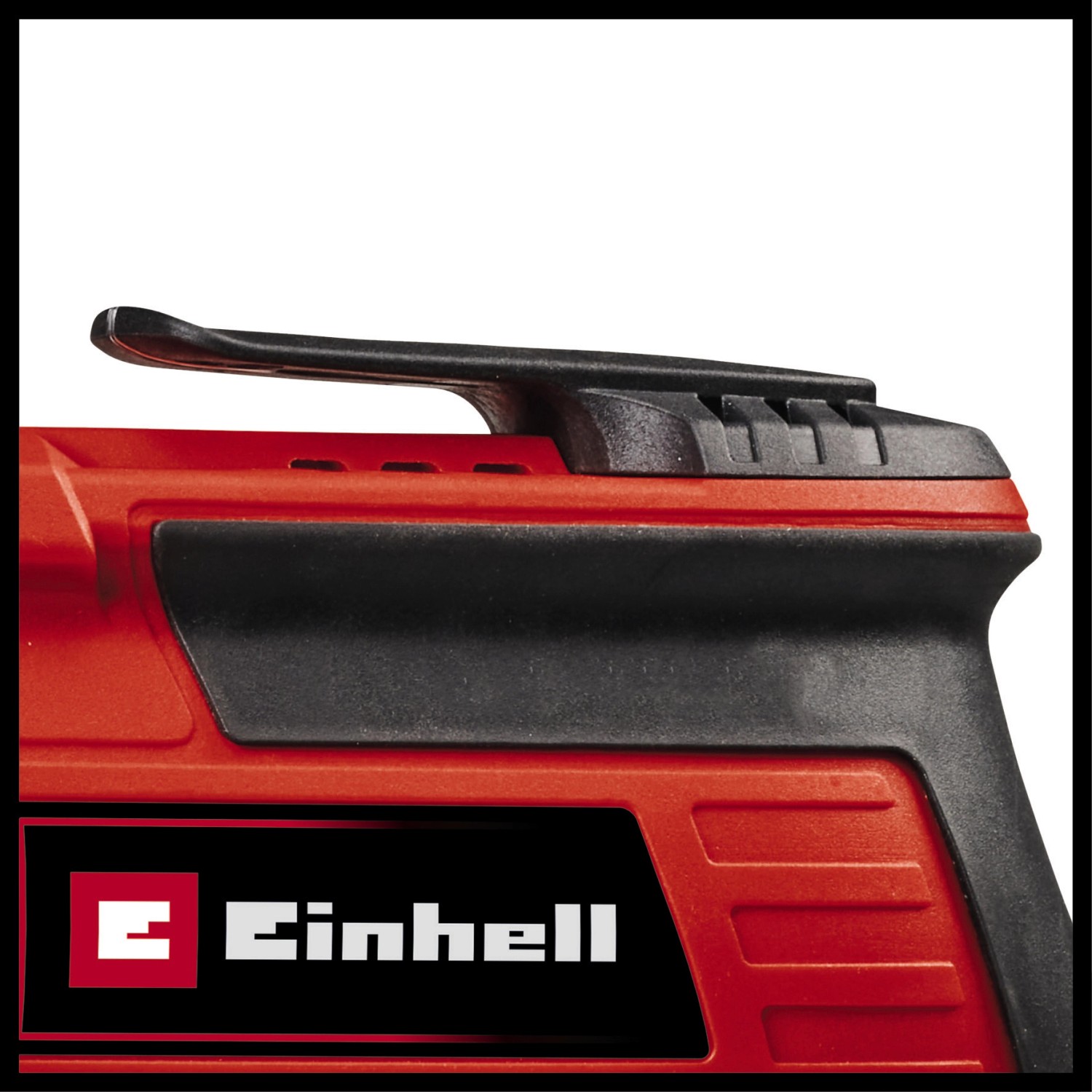 Detailaufnahme des Einhell TC-DY 710 E Trockenbauschraubers, rotes Gehäuse, schwarze Bedienelemente.