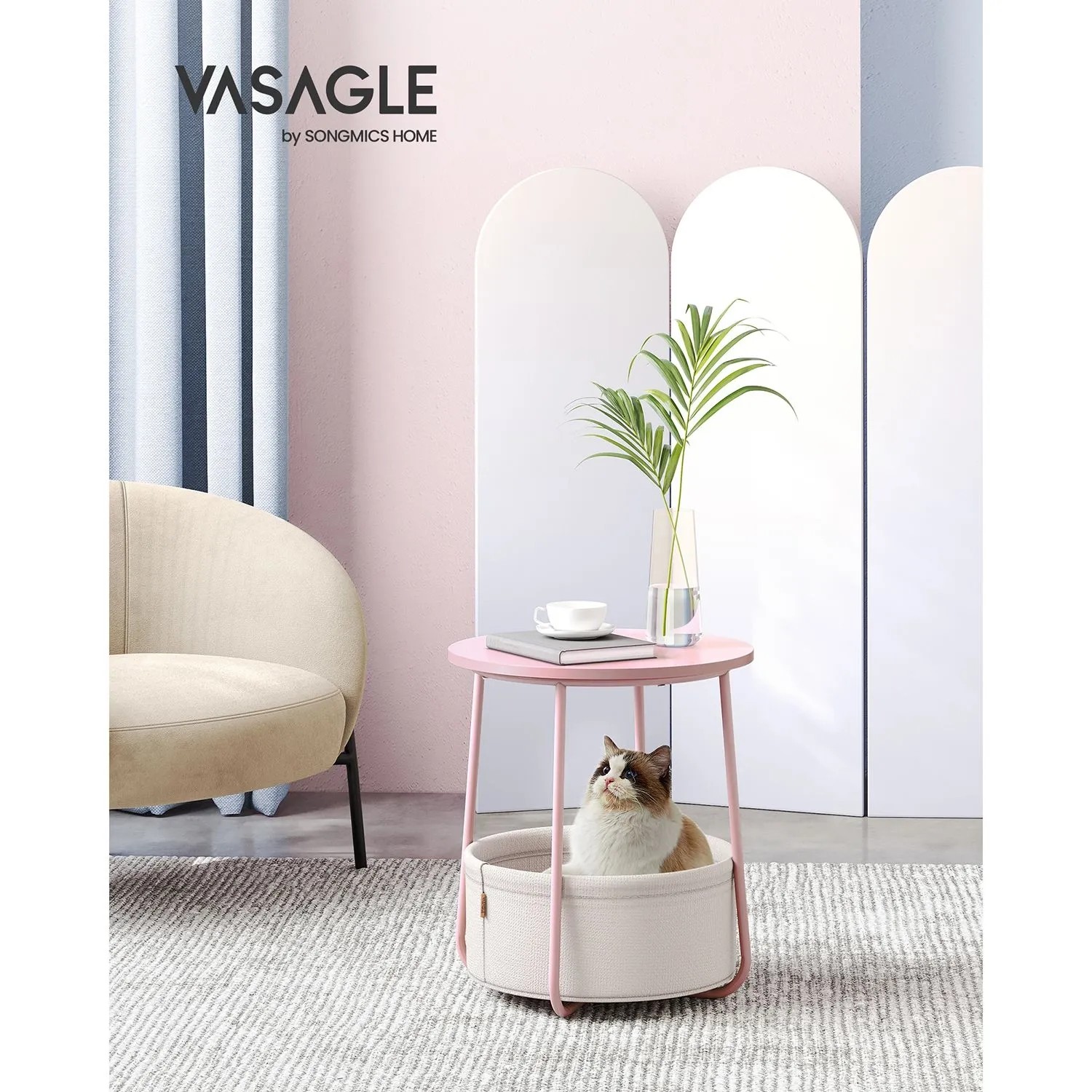 Vasagle Beistelltisch Rosa-Weiß mit Stoffkorb und Katze, Ø 45x51cm. Nachttisch für Wohnzimmer und Schlafzimmer.