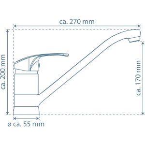 Skizze der Schütte Design-Spültischarmatur Grande Chrom mit Maßangaben.