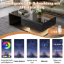 Schwarzer Hochglanz-Couchtisch mit Glasplatte, leuchtender LED-Beleuchtung und App-Steuerung. Modernes Design.