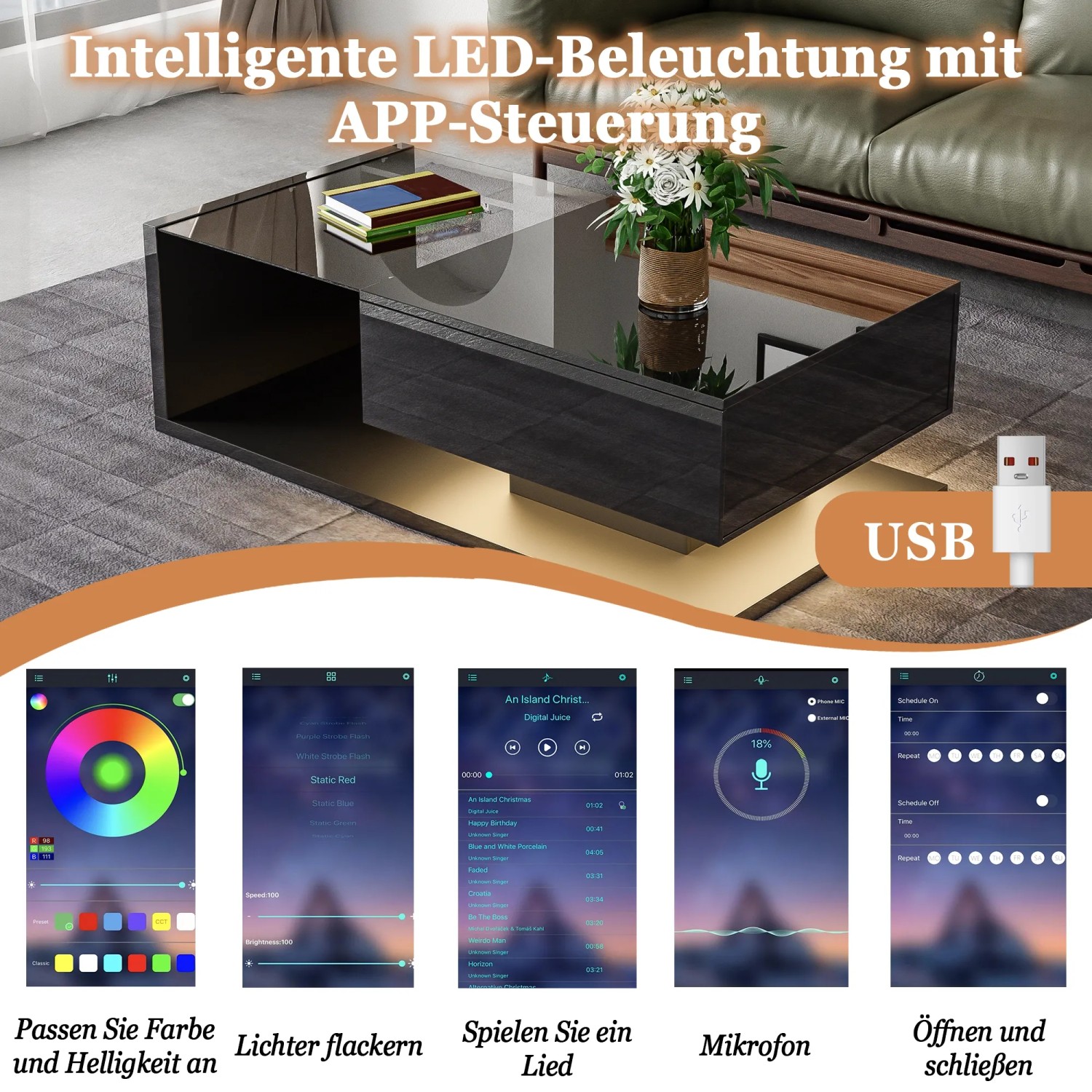 Schwarzer Hochglanz-Couchtisch mit Glasplatte, leuchtender LED-Beleuchtung und App-Steuerung. Modernes Design.