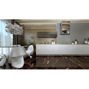 Verlegte, dunkle Feinsteinzeug Bodenfliese in Marmoroptik, 60x60 cm, in moderner Küche.