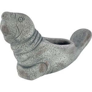 Graue Pflanzfigur Seelöwe, 38 cm, aus Zement, für Garten oder Terrasse.