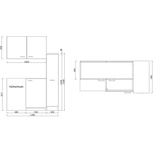 Skizze der Respekta Miniküche MK130ESWOS, 130 cm, Weiß/Eiche Sägerau Nachbildung, mit Maßen.