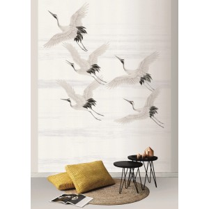 Art for the Home Fototapete Kraanvogels, zeigt Kraniche im Flug auf einer Wand.