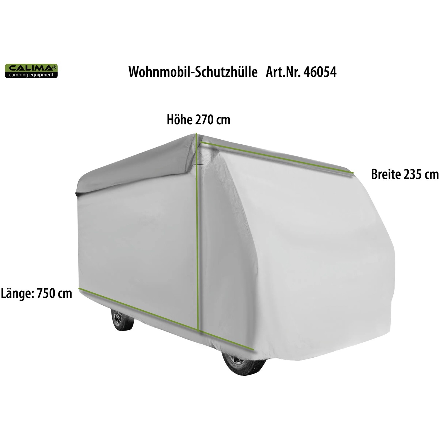 Graue Wohnmobil-Schutzhülle (750x235x270cm) schützt vor Witterung und Schmutz.