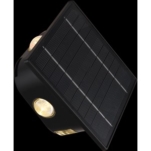 Schwarze Globo LED Solar-Wandleuchte mit Solarpanel und Lichteffekt.
