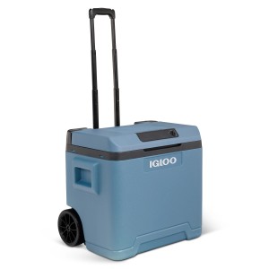 Eisblaue Igloo Kühlbox IE42 mit Rädern und Teleskopgriff. Thermoelektrische Kühlbox für Auto und Steckdose.