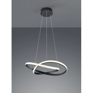 Moderne, mattschwarze LED-Pendelleuchte Course mit zwei verschlungenen Ringen und warmweißem Licht.