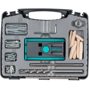 wolfcraft Undercover Jig-Set TX im Koffer: Bohrschablone, Bohrer, Schrauben und Zubehör für Holzverbindungen.