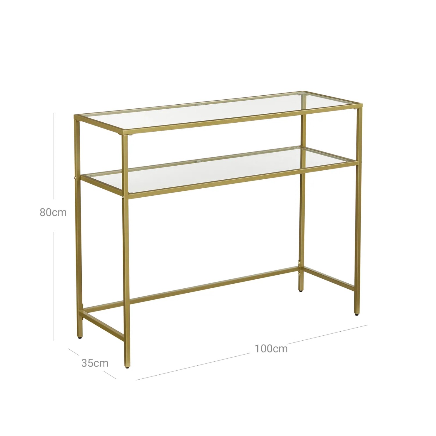 Vasagle Konsolentisch mit 2 Glasablagen, goldfarbenes Metallgestell, 100x80x35cm.