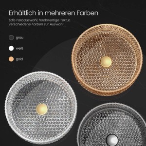 Drei runde Emke Aufsatzwaschbecken aus strukturiertem Glas in Roségold, Klarglas und Schwarz für moderne Badezimmer.