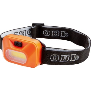 Orangefarbene COB LED Stirnlampe mit schwarzem, verstellbarem Kopfband.