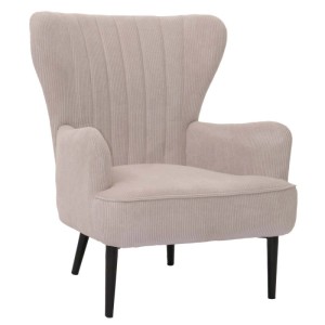 Beiger Cord Loungesessel mit Armlehnen und schwarzen Füßen.