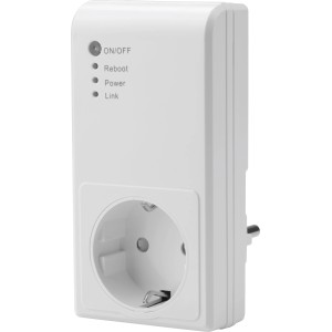 Smart-Funkschalter-Set: Weißer Stecker mit Schalter und Kontrollleuchten für smarte Steckdosen.