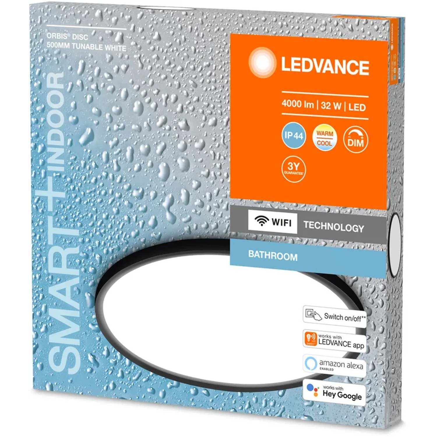 Verpackung der Ledvance Smart+ WiFi Bad-Deckenleuchte Orbis Disc 50 cm, dimmbar.