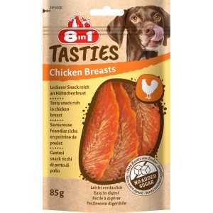 8in1 Hunde-Natursnack Hähnchenbrust, getrocknete Streifen im 85g Beutel. Leckerli für Hunde.