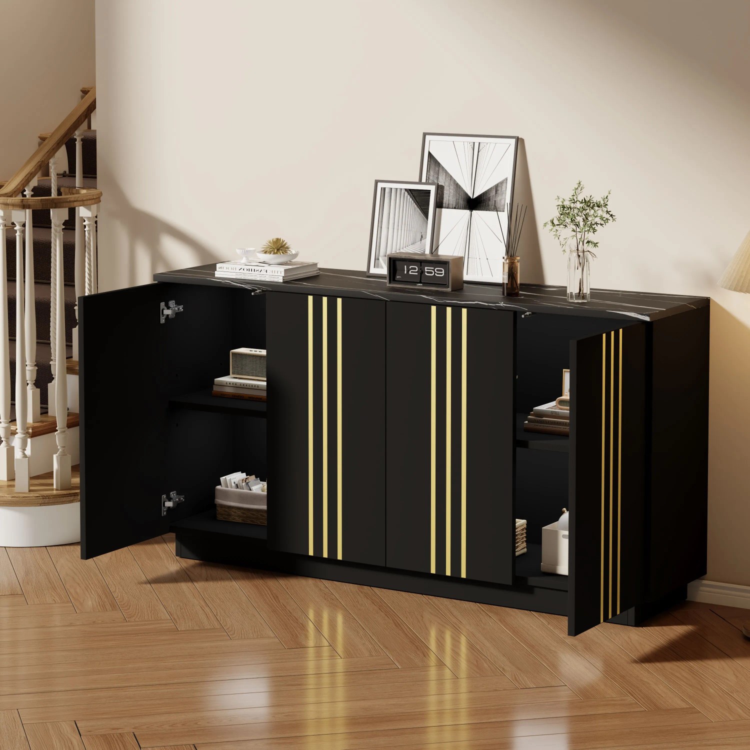 okwish Sideboard mit 4 Türen Verstellbaren Trennwänden Wohnzimmer 140x35x70cm Schwarz_3
