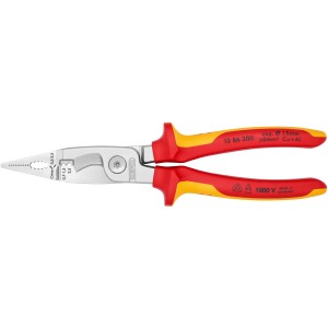 Knipex Elektro-Installationszange, 200mm, verchromt, mit rot-gelben Griffen.