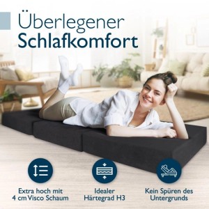 Beautissu Klappmatratze VS95, anthrazit, 201x100x14cm, mit Viscoschaum. Gästebett für komfortablen Schlaf.