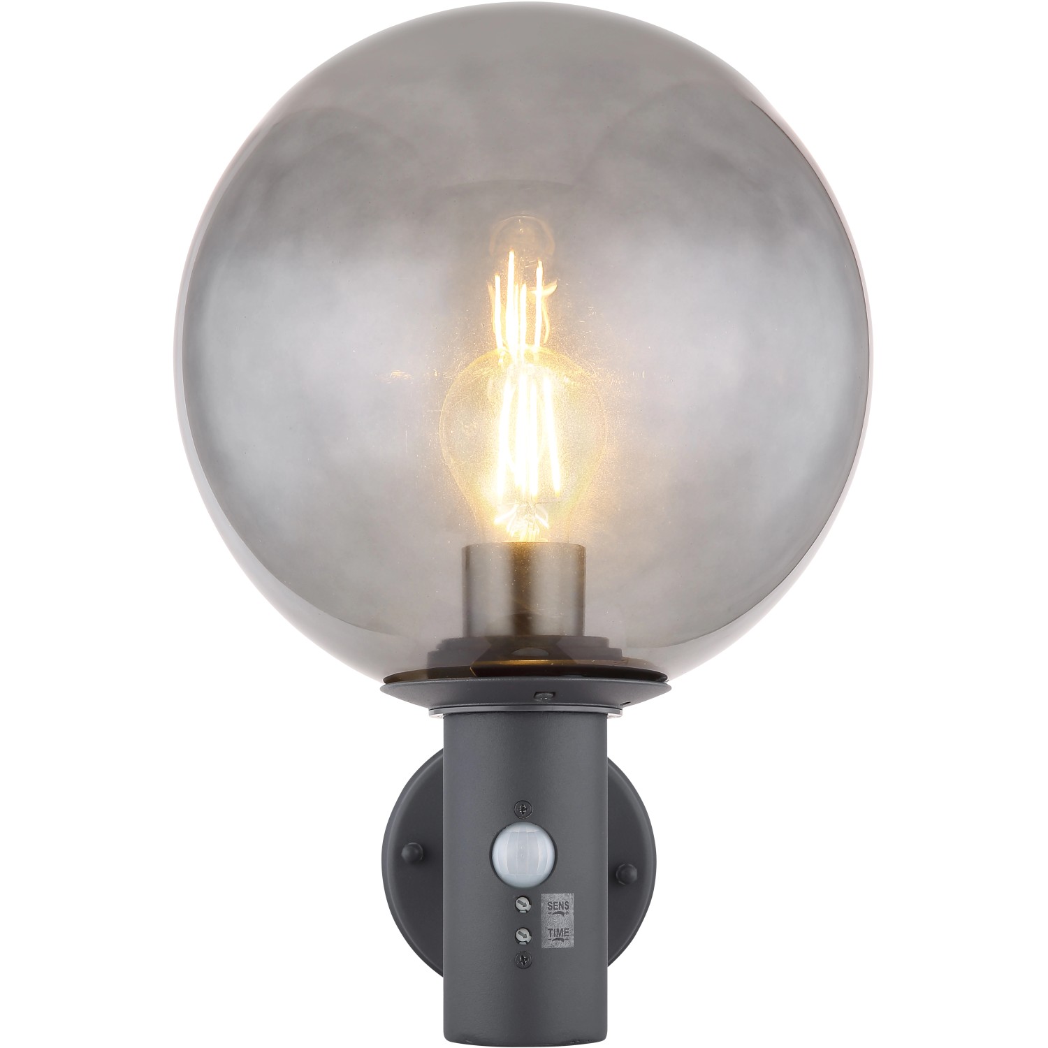 Globo Außenleuchte Hedwig anthrazit mit Bewegungssensor und rauchfarbener Glaskugel.