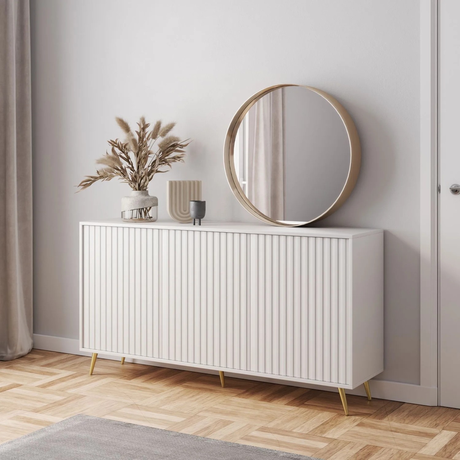 Selsey Sideboard Bello mit Lamellenfronten 154 cm Weiß mit Goldenen Beinen_3