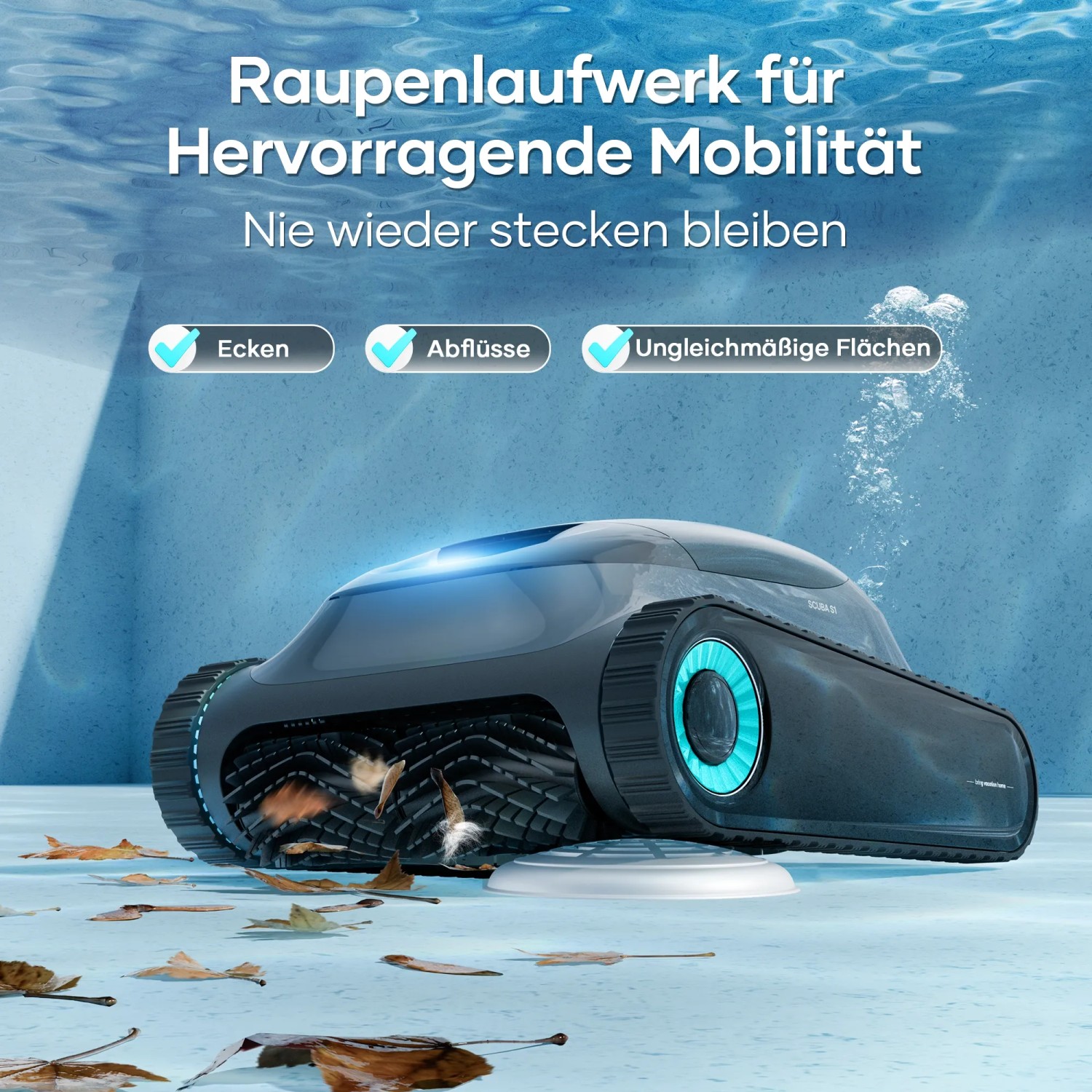 Aiper Scuba S1 Poolreinigungsroboter schwarz mit Raupenlaufwerk reinigt Poolboden von Blättern. Überwindet Hindernisse.