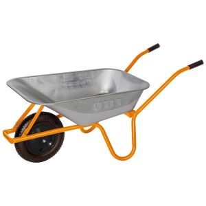OBI Gartenschubkarre mit 85 l Mulde, Luftrad und orangem Rahmen. Tragkraft 120 kg.