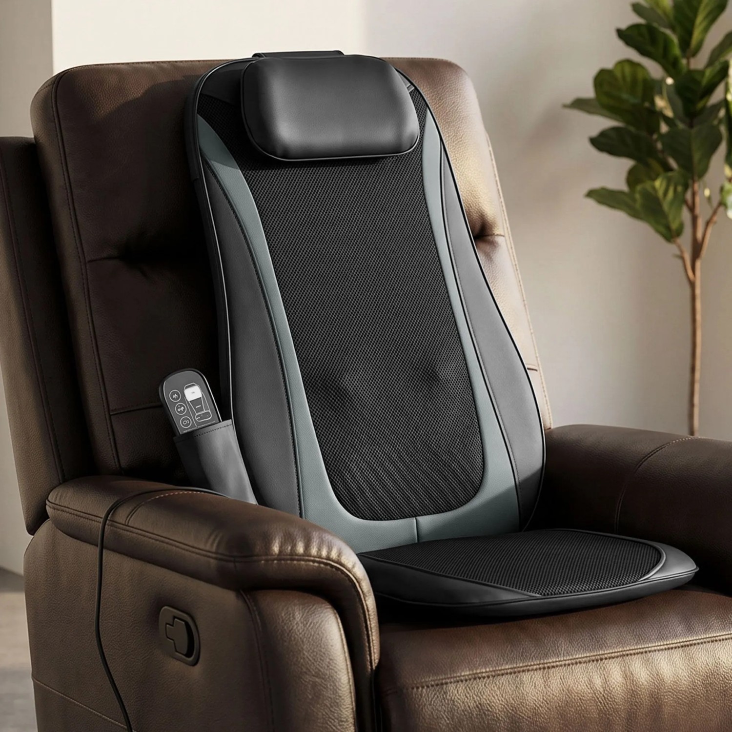 HOMCOM Massagesitzauflage aus Leder/Stoff in Schwarz/Grau auf Sessel. Shiatsu-Massage für Rücken, mit Fernbedienung.