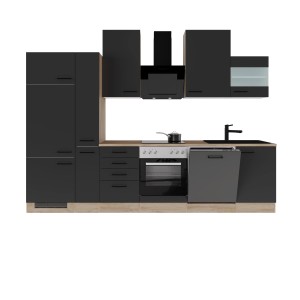 Flex-Well Exclusiv Küchenzeile Capri 310 cm Schwarz Matt-Endgrain Oak