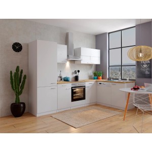 Respekta Winkelküche KBL280WWCGKEG in Weiß und Nussbaum Butcher mit E-Geräten.