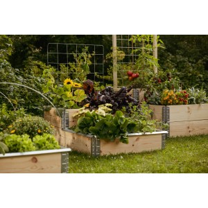 Upyard Hochbeet (80x60 cm) aus Holz, bepflanzt mit Gemüse und Blumen im Garten.